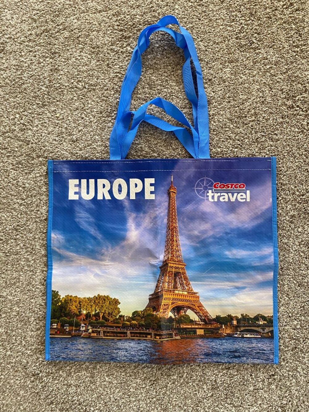 Costco Travel Reusable Tote Bag Blue Europe Eiffel Tower Grocery Carryall
